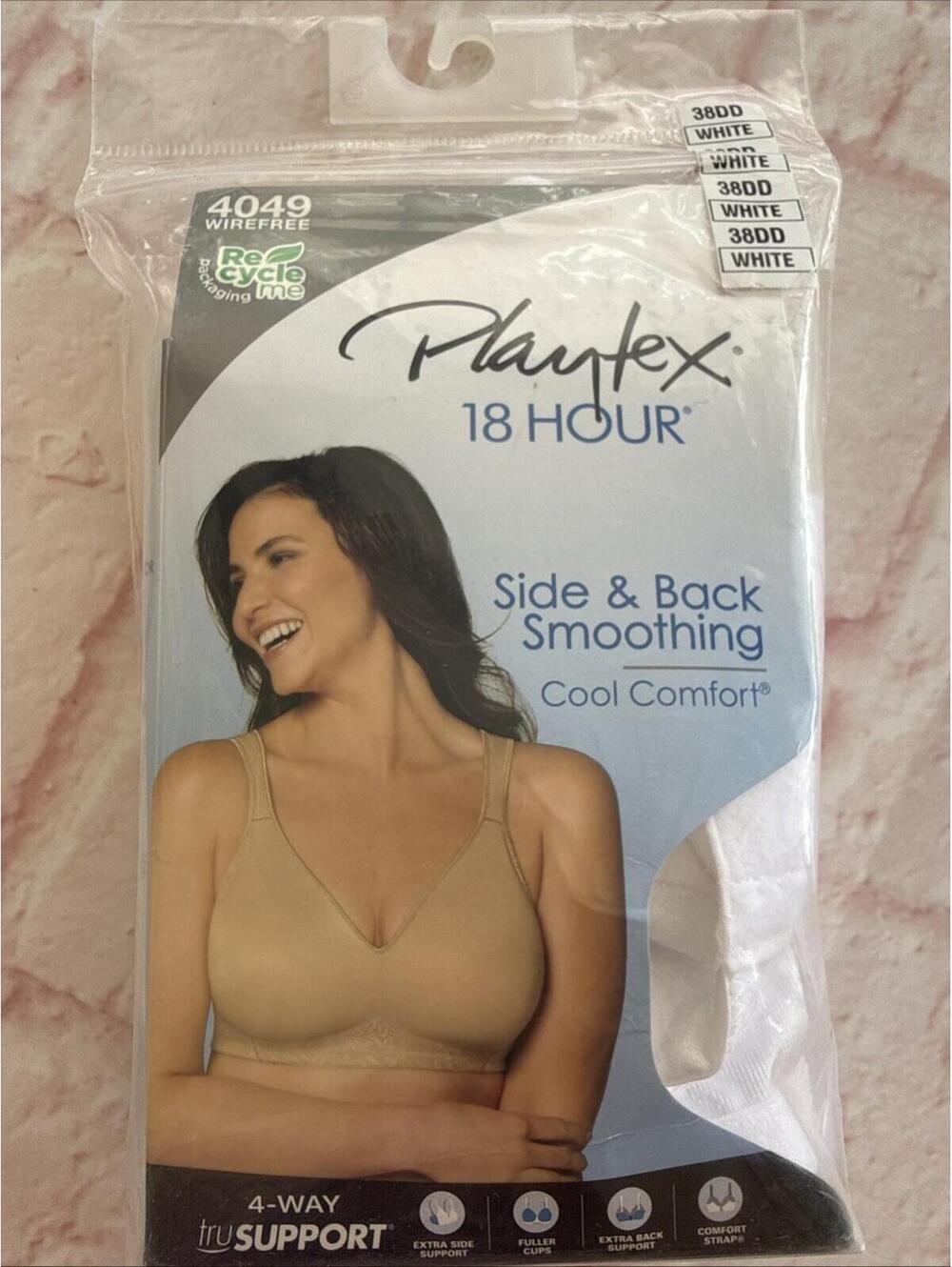 New Sealed Playtex 18 Hour Side & Back Smoothing Bra  4049 38 DD WHITE Wire Free